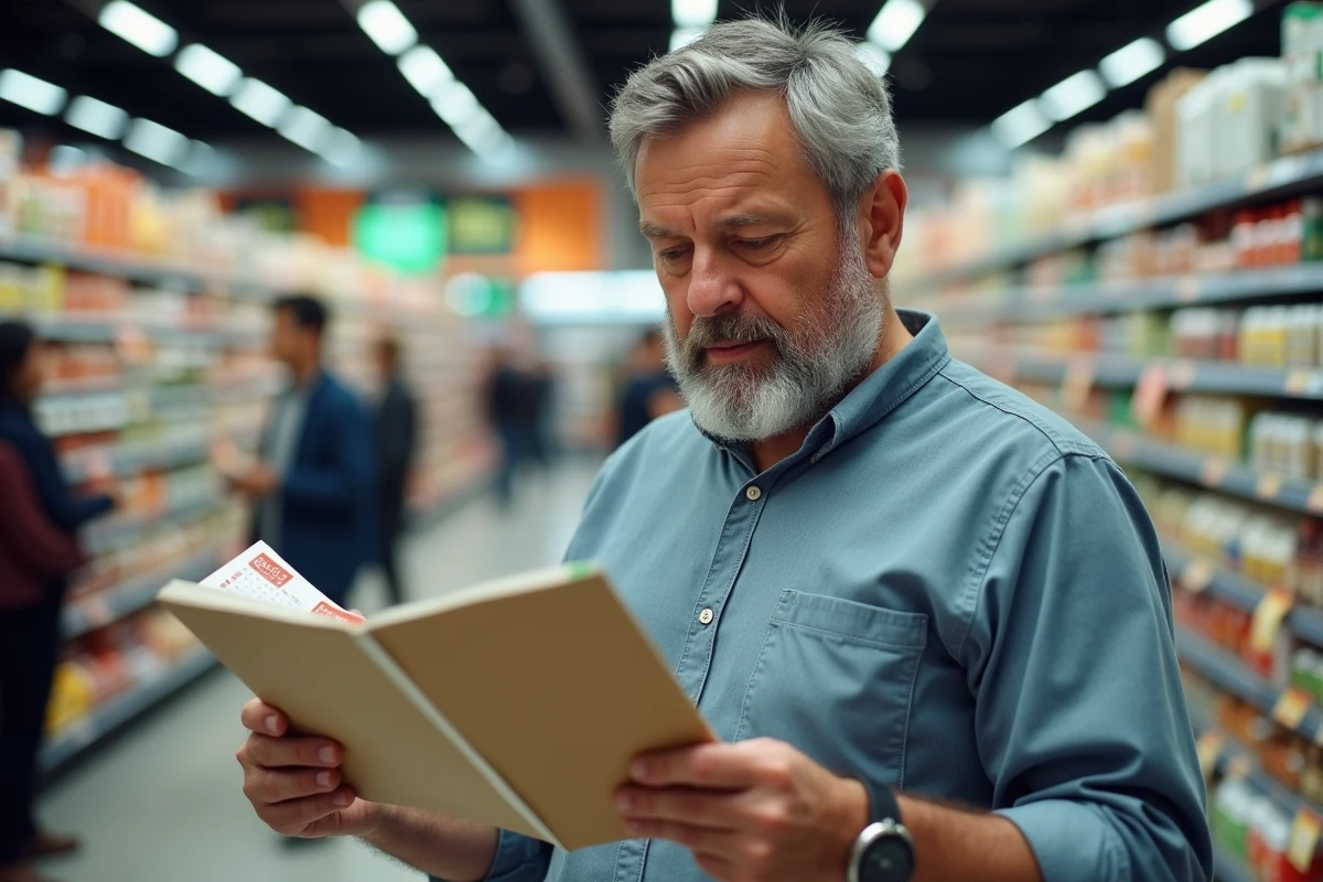 Homme examinant un calendrier dans un supermarché animé