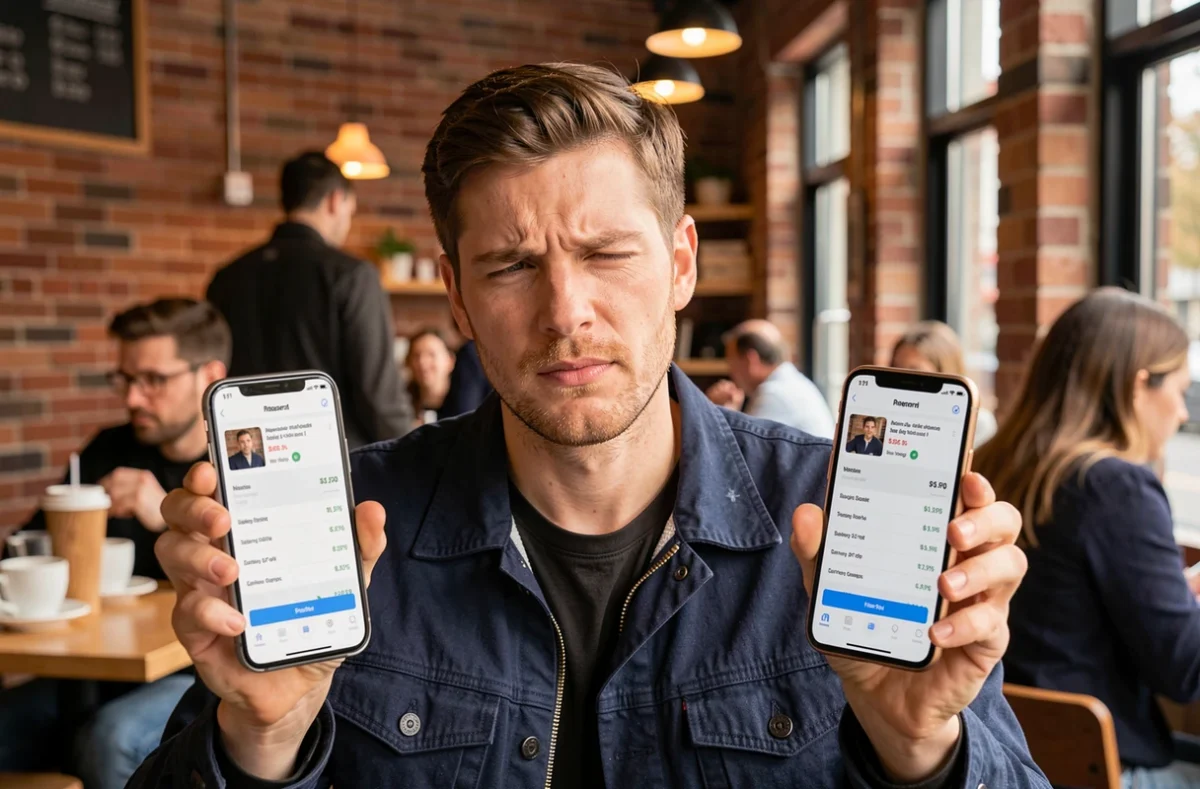Homme tenant un iPhone 14 et un iPhone 15 dans chaque main pour comparer les deux modèles dans un café urbain