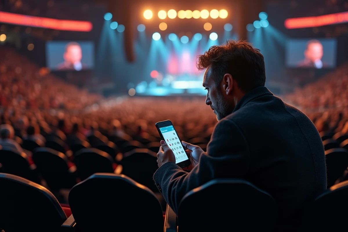 Homme vérifiant son placement sur une application de plan de salle depuis son siège dans une arène de concert