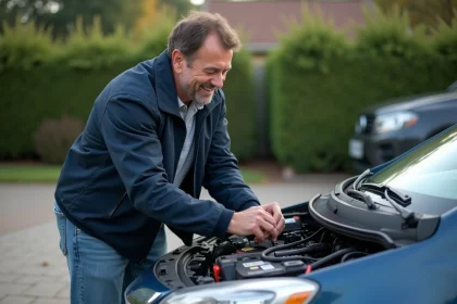 Homme d'âge moyen vérifiant la batterie de sa voiture dans une allée