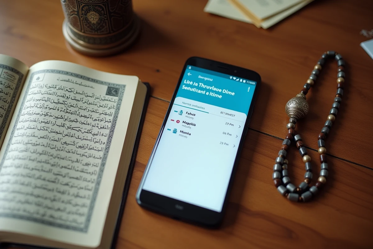 Smartphone affichant les horaires de prière de Toulouse sur navigateur web posé sur un bureau