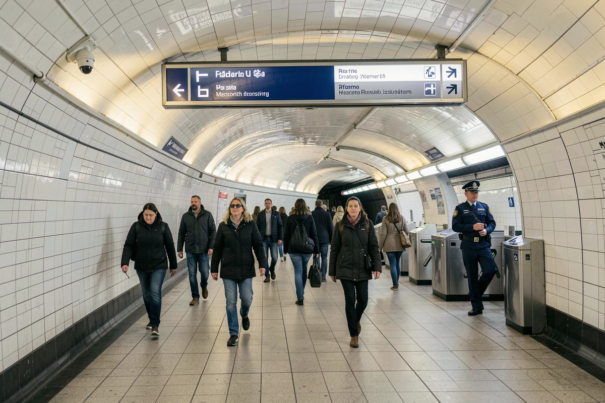 Couloir de station de métro parisien avec caméra de surveillance et agent RATP veillant à la sécurité des voyageurs