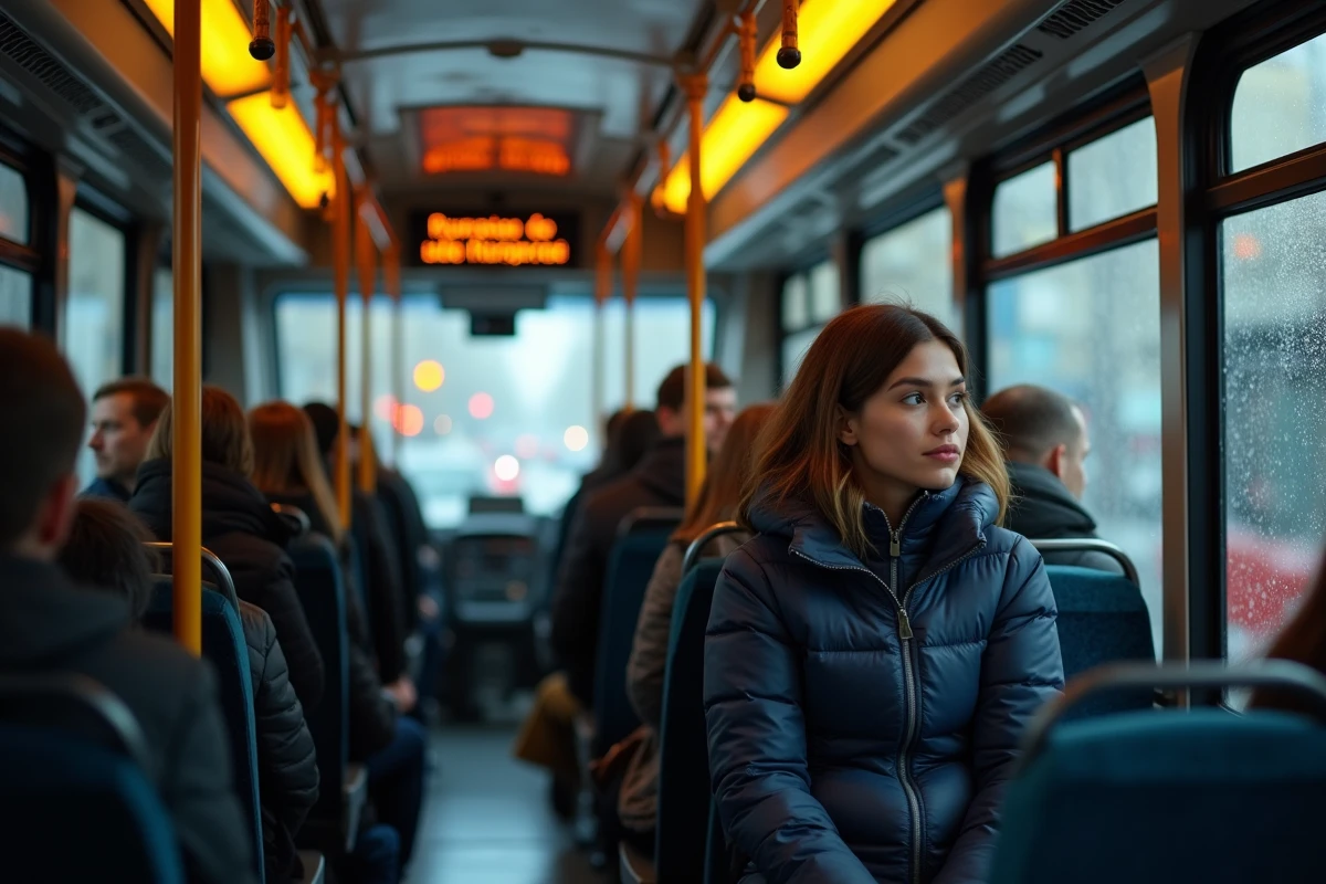Intérieur du bus 92 avec affichage numérique des arrêts et passagère regardant par la fenêtre