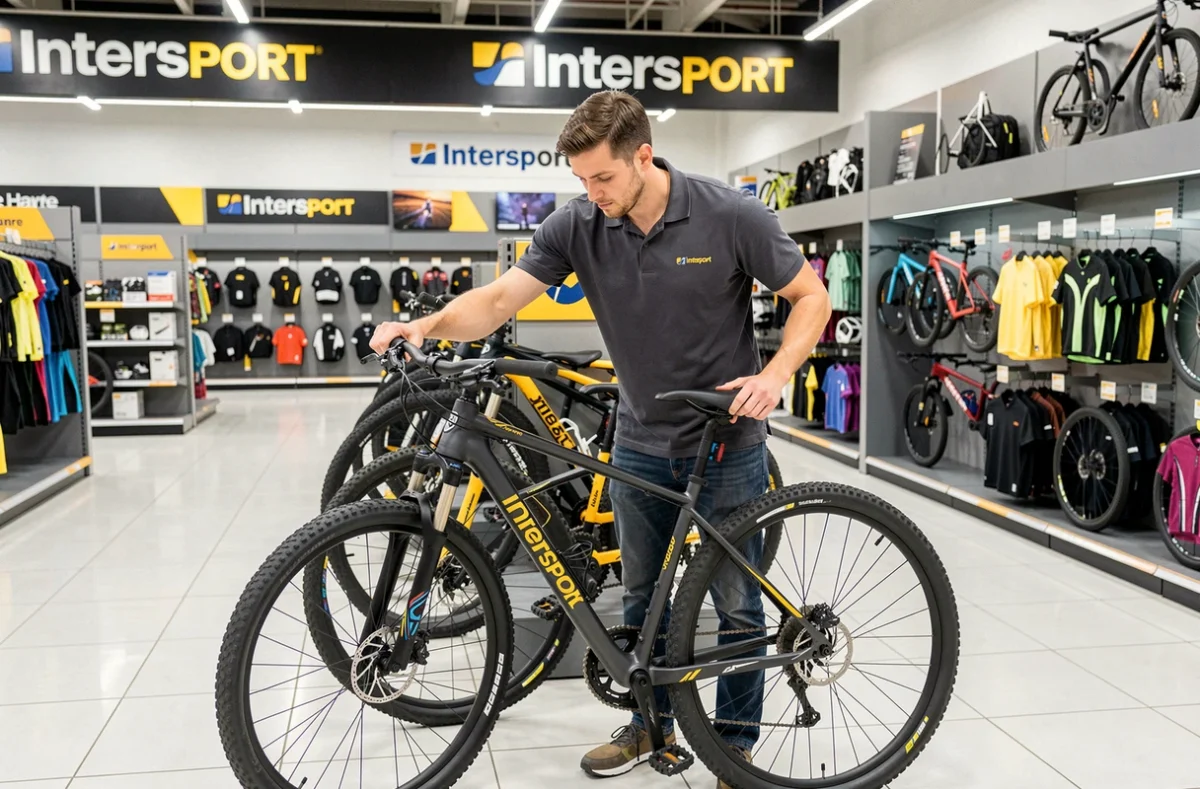 Employé d'Intersport Le Havre réglant la hauteur de selle d'un vélo de montagne en magasin