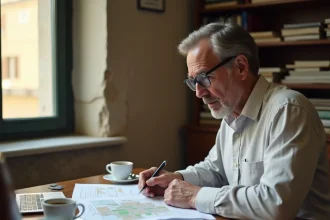 Investisseur immobilier étudiant des documents et une carte de Marseille Nord dans un bureau de notaire