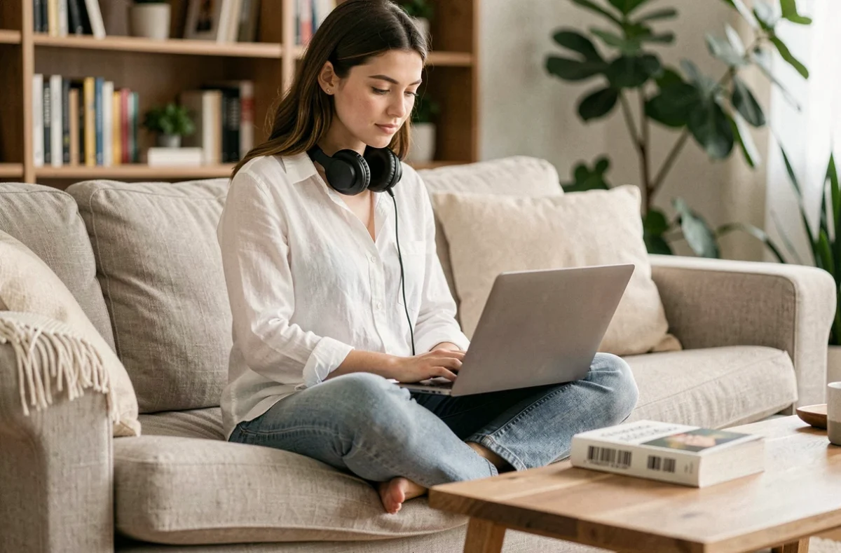Jeune femme assignant des numéros ISBN distincts à différentes versions de livre numérique et audio depuis son canapé