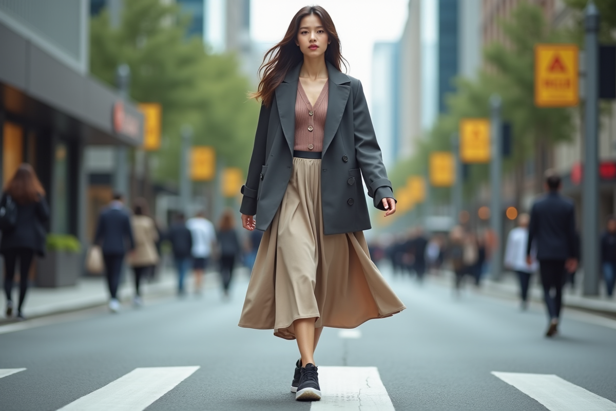 Jeune adulte marche dans la ville en blazer et jupe