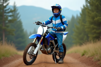 Jeune garçon en moto cross avec casque et jersey bleu dans la forêt