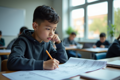 Jeune étudiant concentré en étude technique dans une salle lumineuse