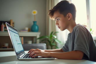 Jeune étudiant utilisant un ordinateur portable à la maison