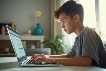 Jeune étudiant utilisant un ordinateur portable à la maison