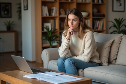 Jeune femme dans un appartement en train de travailler