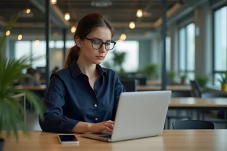 Jeune femme professionnelle travaillant sur son ordinateur au bureau