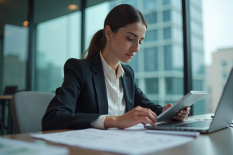 Jeune femme professionnelle au bureau avec tablette et ordinateur