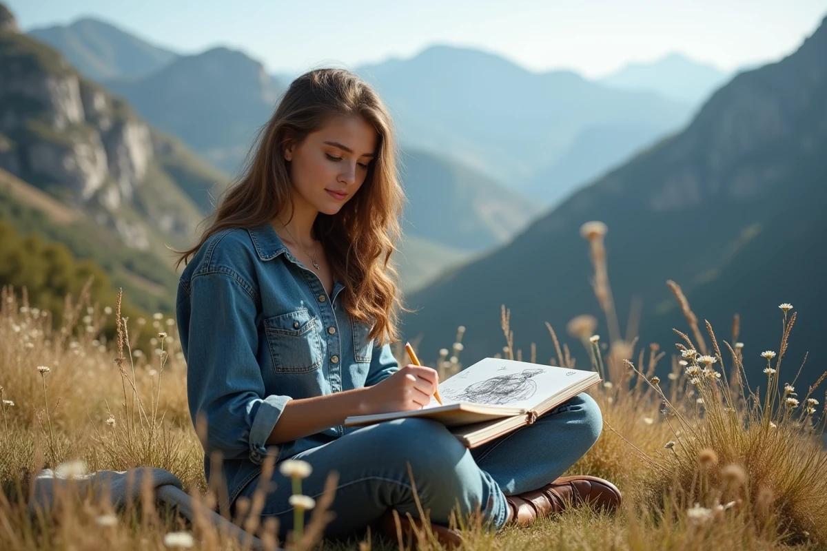 Jeune femme dessinant des dieux grecs en plein air sur une colline