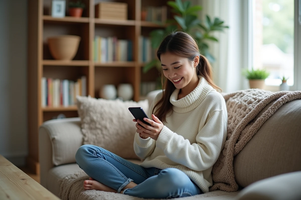 Jeune femme lisant manga sur smartphone dans un salon cosy
