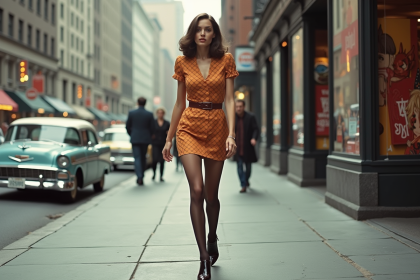 Jeune femme en mini robe 1967 dans la ville