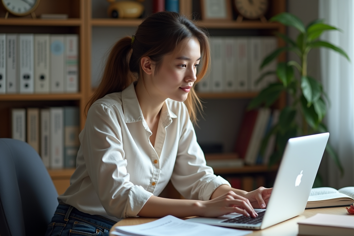 Jeune femme en blouse et jeans sur son bureau à étudier