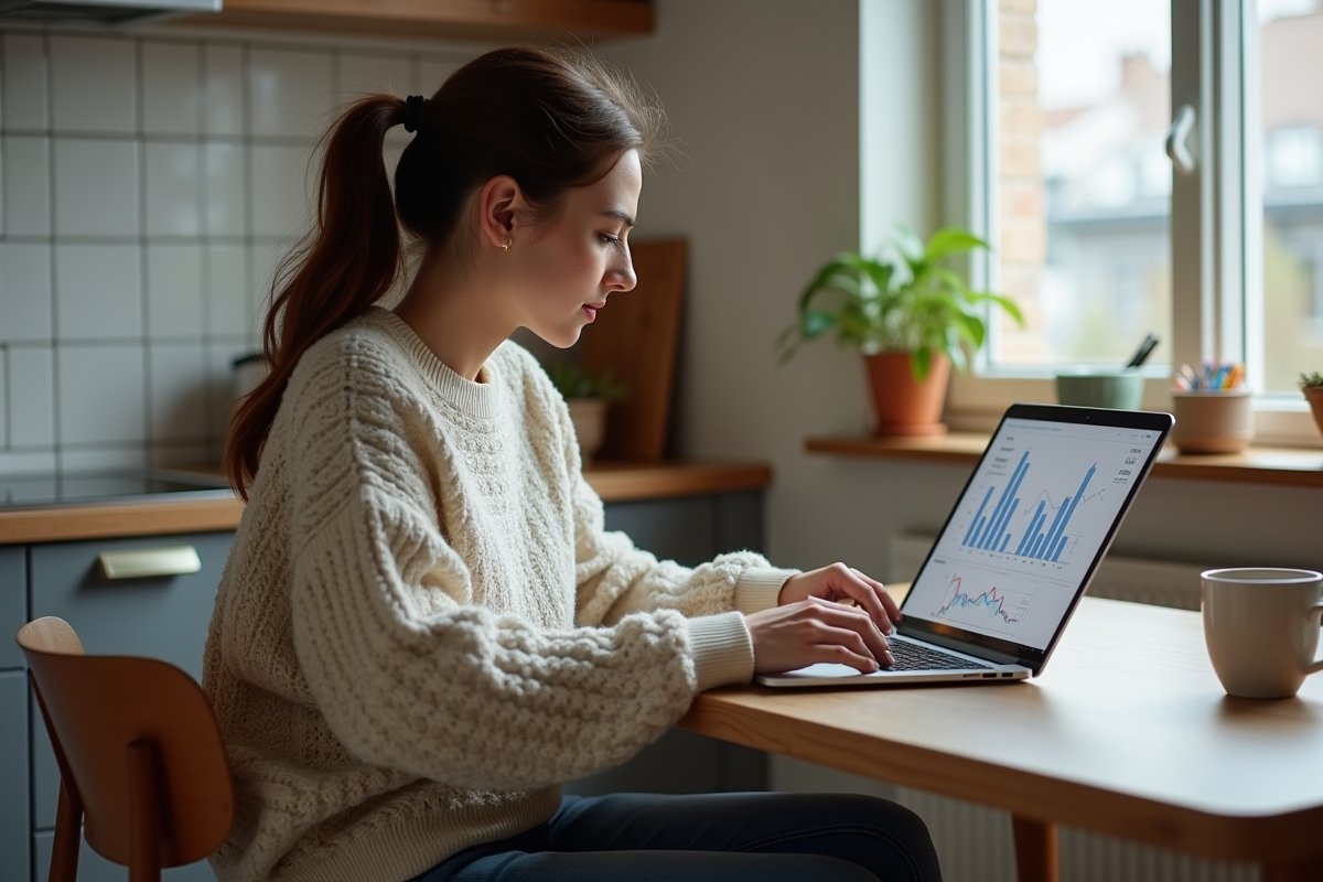 Jeune femme à la maison consulte des graphiques de prêt
