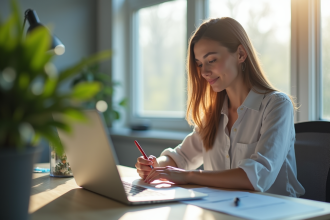 Jeune femme confiante consulte des offres d emploi au bureau