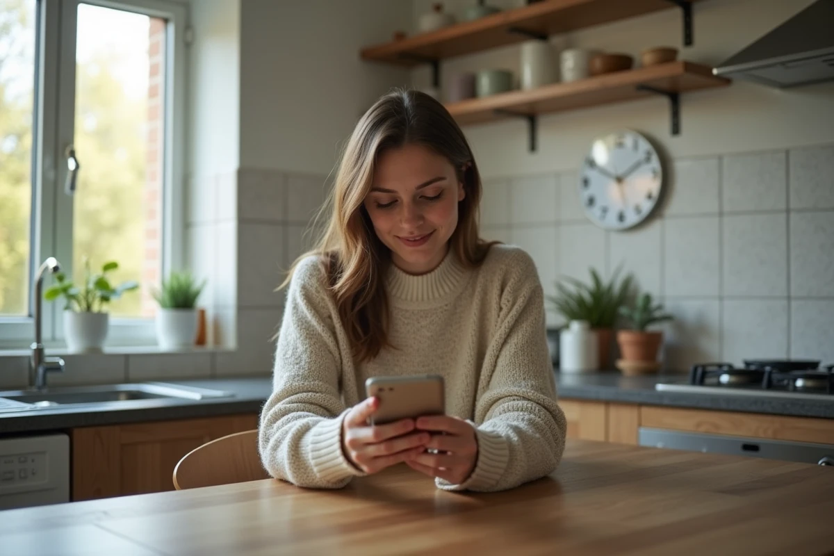 Jeune femme regardant son smartphone le matin