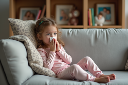 Jeune fille malade assise sur un canapé à la maison