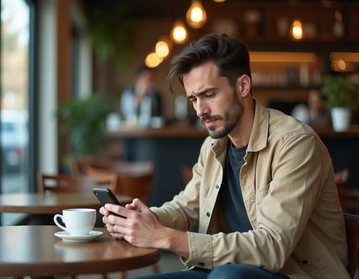 Jeune homme rédigeant un email formel à un notaire depuis un café, se demandant comment s'adresser correctement