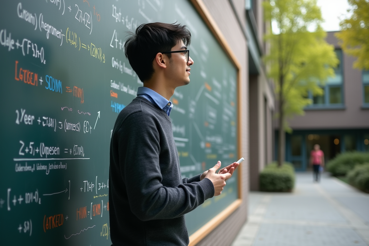 Jeune homme devant tableau avec équations quantiques en extérieur
