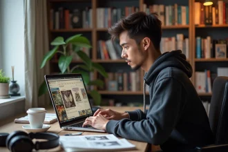 Jeune homme concentré sur son laptop avec mangas dans un appartement