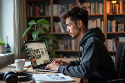 Jeune homme concentré sur son laptop avec mangas dans un appartement