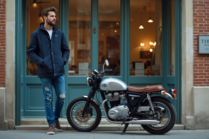 Jeune homme avec moto classique devant un concessionnaire