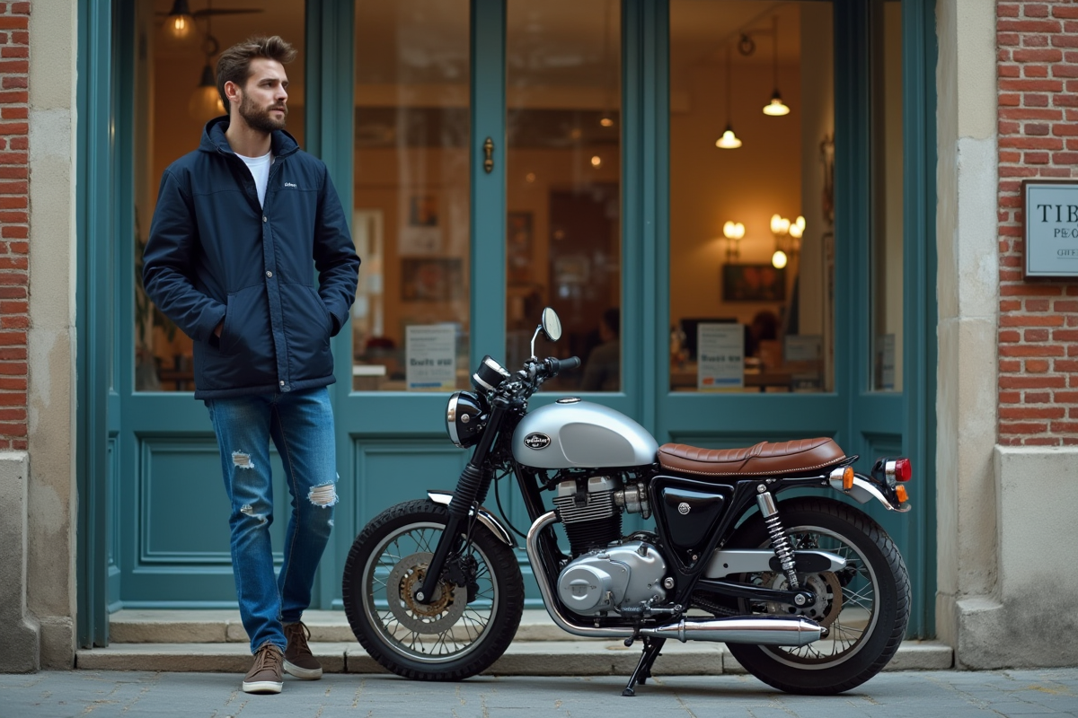 Jeune homme avec moto classique devant un concessionnaire