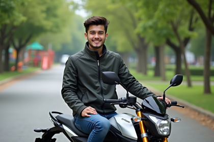Jeune homme en veste moto moderne sur une moto Avengers 125 dans un parc