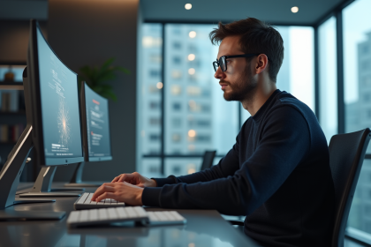 Jeune homme concentré travaillant sur un ordinateur dans un bureau moderne
