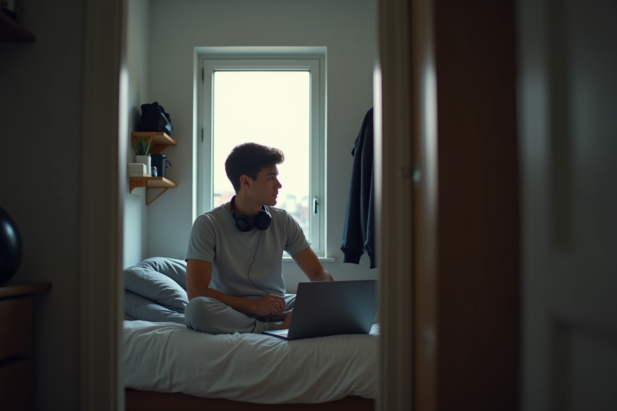 Jeune homme pensif assis sur son lit dans la chambre