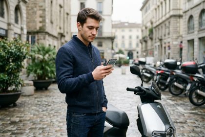 Jeune homme avec scooter et smartphone en ville