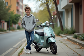 Jeune garçon souriant avec scooter en ville
