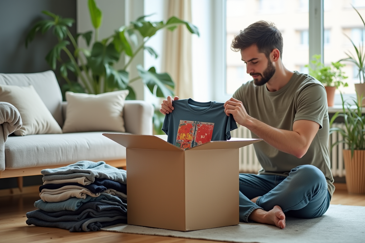 Jeune homme plie un t-shirt dans un salon lumineux