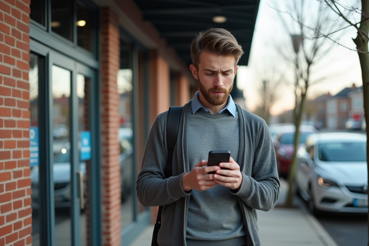 Jeune homme vérifie les taux hypothécaires devant une banque