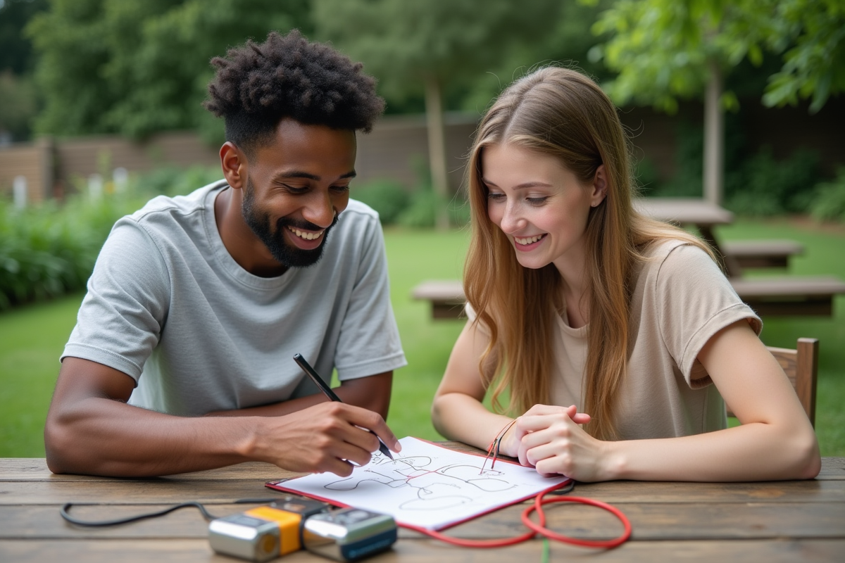 Jeunes adultes dessinant un diagramme de batteries en extérieur
