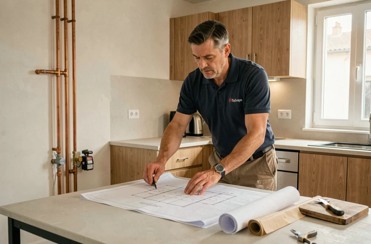 Artisan des Etablissements JM Meunier travaillant sur un chantier combinant électricité et plomberie