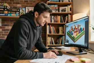 Jeune homme concentré devant un écran affichant une interface de jeu de construction de blocs en 2026, dans un bureau créatif moderne