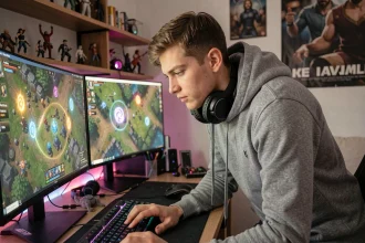 Joueur MMORPG devant ses écrans cherchant des portails sur une carte de jeu fantasy