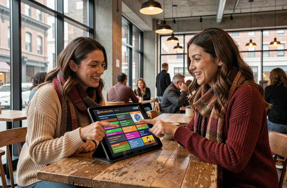 Deux joueuses découvrant les nouveautés de Cimentix 2026 sur une tablette dans un café urbain moderne