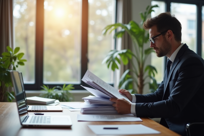 Journaliste française lisant des articles dans un bureau lumineux