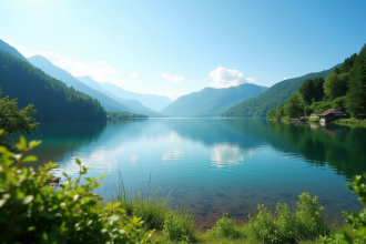 Lac paisible entouré de forêts vertes et collines sous un ciel bleu