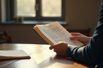 Personne lisant attentivement le code civil français au bureau