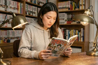 Jeune femme lisant un manga physique à son bureau à domicile, entourée de bibliothèques remplies de volumes manga, illustrant la consommation légale de mangas et la question des droits d'auteur
