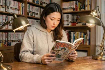 Jeune femme lisant un manga physique à son bureau à domicile, entourée de bibliothèques remplies de volumes manga, illustrant la consommation légale de mangas et la question des droits d'auteur