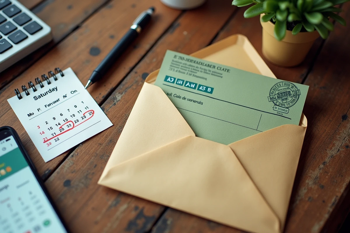 Lettre recommandée avec accusé de réception posée sur une table en bois avec calendrier et smartphone